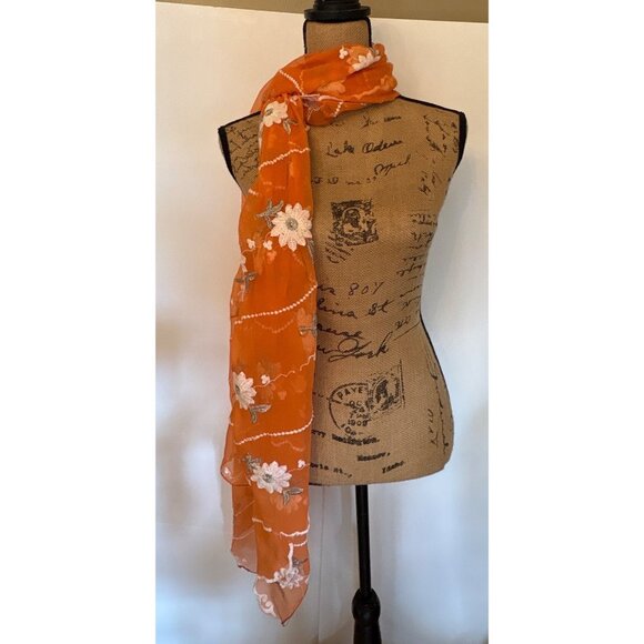 Orange Floral Embroidered Sheer Scarf Wrap Shawl - Picture 8 of 12